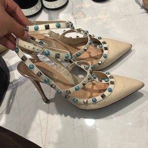 Valentino Cream Heels with Turquoise Studs